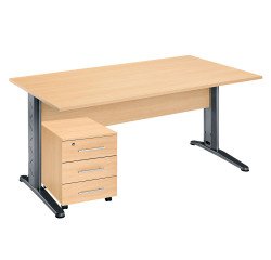 Pack bureau droit hêtre pied L métal + caisson mobile 3 tiroirs Altys