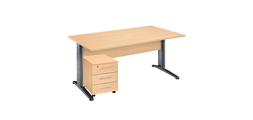 <em>Straight desk pack beech wood leg with metal L + mobile pedestal with 3 drawers Altys</em>