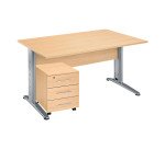 Pack bureau droit hêtre pied L métal + caisson mobile 3 tiroirs Altys