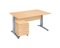 Pack rechte werktpost beuk 140 cm met L-vormig metalen onderstel in alu + mobiele ladeblok 3 laden Altys