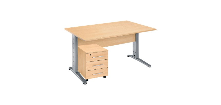 Pack Schreibtisch gerade Buche Fuß L Metall + Rollcontainer mit 3 Schubladen Altys.