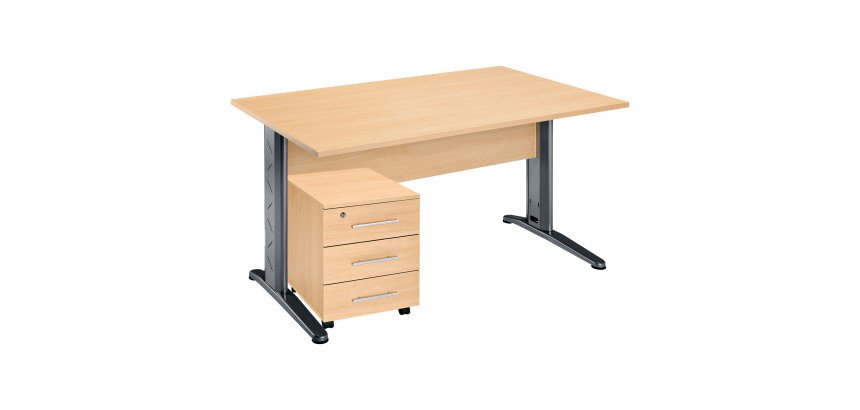 Pack bureau droit hêtre pied L métal + caisson mobile 3 tiroirs Altys