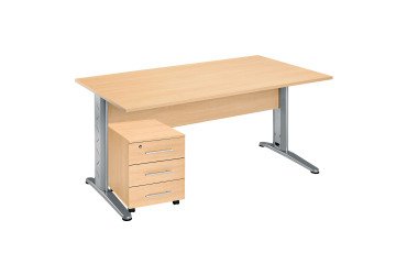 <em>Straight desk pack beech wood leg with metal L + mobile pedestal with 3 drawers Altys</em>