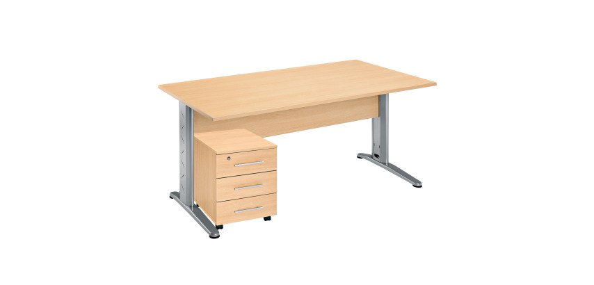 Pack bureau droit hêtre pied L métal + caisson mobile 3 tiroirs Altys