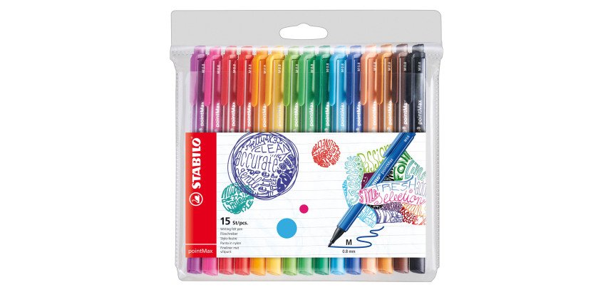 Stylo feutre Stabilo PointMax à capuchon pointe 1 mm - Pochette de 15