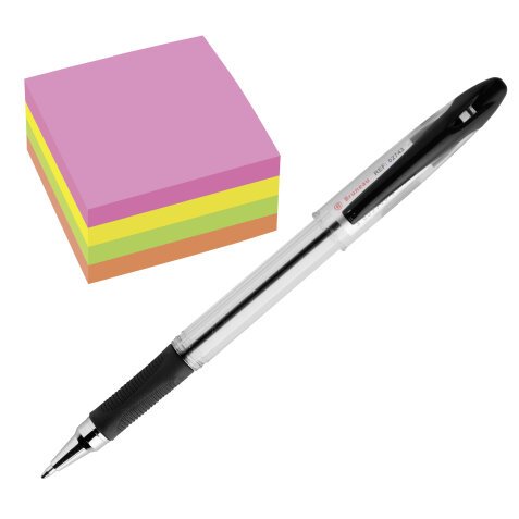 Pack 12 ballpoint pens black with cap and point 0,7 mm + 1 cube 400 notes Bruneau 76 x 76 mm