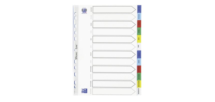 Intercalaire mensuel A4 Oxford plastique 12 onglets multicolores - 1 jeu