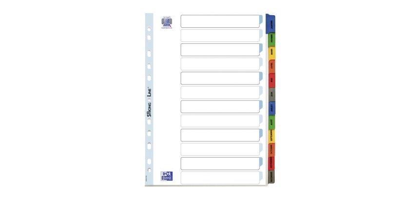 Intercalaire mensuel A4 Oxford carton 12 onglets multicolores - 1 jeu