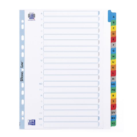 Intercalaire A4+ carte bristol blanche OXFORD 20 onglets alphabétiques multicolores - 1 jeu