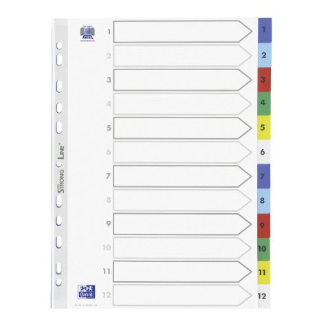 Intercalaire A4 polypropylène coloré OXFORD 12 onglets numériques multicolores - 1 jeu