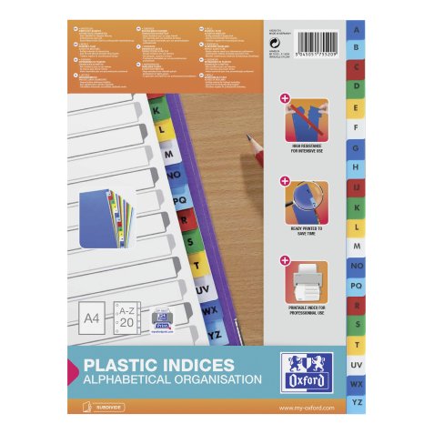 Set of alphabetical dividers, polypropylene, colour, A4, 20 divisions