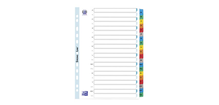 Intercalaire A4 carte bristol blanche OXFORD 20 onglets alphabétiques multicolores - 1 jeu