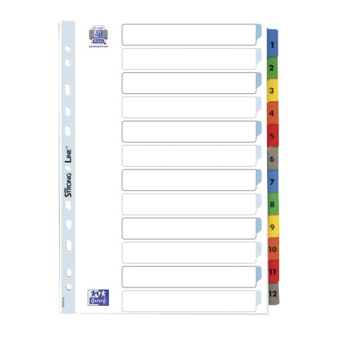 Set of numbered dividers, Bristol board with Mylar tabs, A4, 12 divisions