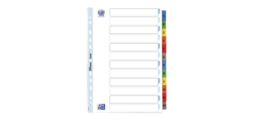 Intercalaire A4 carte bristol blanche Oxford 12 onglets numériques multicolores - 1 jeu