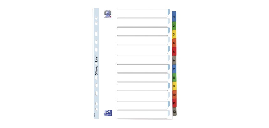 Intercalaire A4 carte bristol blanche Oxford 12 onglets numériques multicolores - 1 jeu