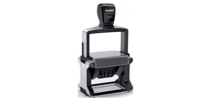 Trodat Metal Line 5480 sello fechador con texto personalizado bicolor 8 líneas + fecha