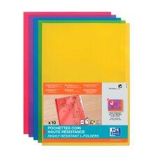 Chemises coin plastique Oxford A4 PVC 15/100e transparente - couleurs assorties acidulées  - Paquet de 10