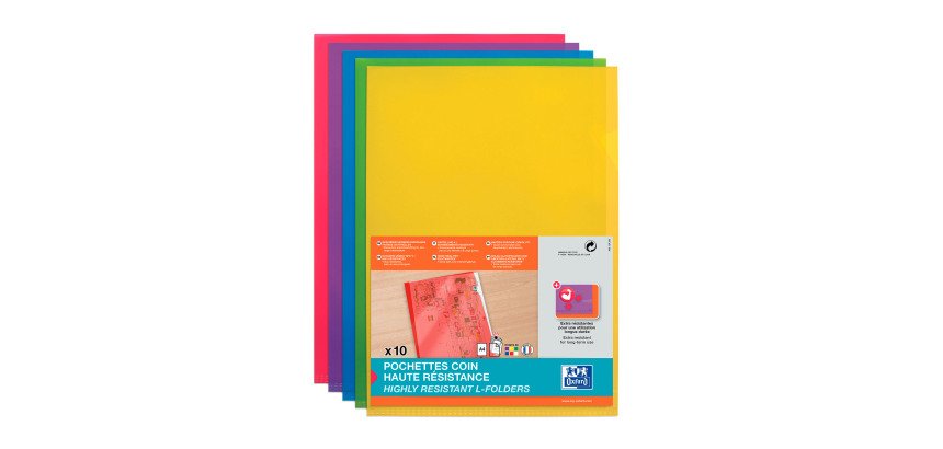 Chemises coin plastique Oxford A4 PVC 15/100e couleurs assorties - Paquet de 10
