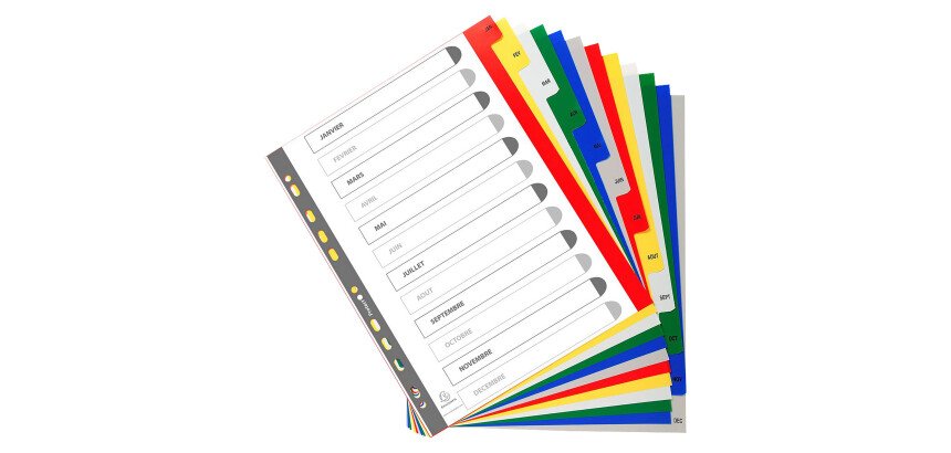 Intercalaire A4+ polypropylène couluer Exacompta 12 onglets mensuels multicolores - 1 jeu
