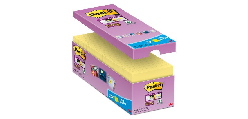 Pack de 14 notes repositionnables jaune Super Sticky Post-it 76 x 76 mm - bloc de 90 feuilles + 2 offertes