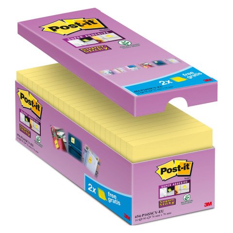 Pack de 14 notas reposicionables amarillas Super Sticky Post-it 76 x 76 mm - Bloc de 90 hojas + 2 GRATIS