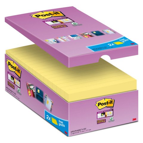 Pack 14 notas reposicionables amarillas Super Sticky Post-it 76 x 127 mm - Bloc de 90 hojas + 2 GRATIS