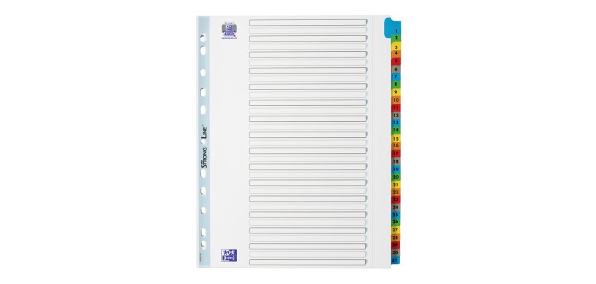 Intercalaire A4+ Carte bristol blanche Oxford - 31 Onglets numériques multicolores - 1 Jeu