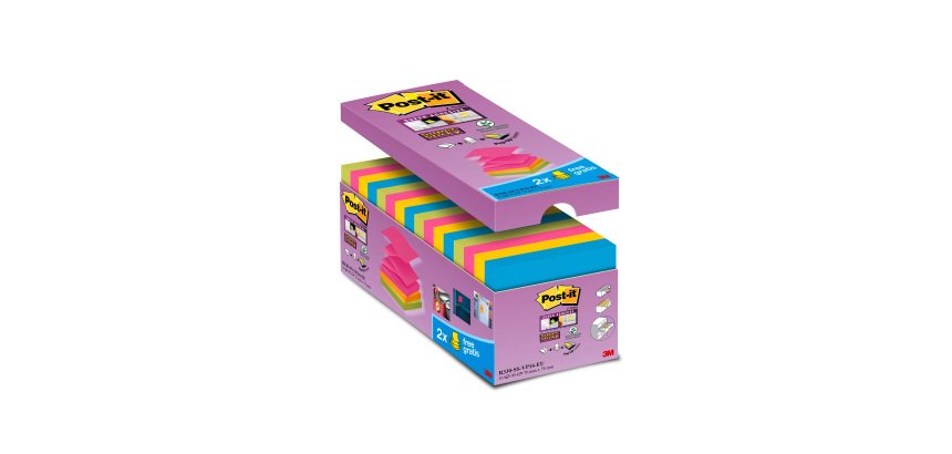 Pack 14 Z-notes repositionnables couleurs Super Sticky Post-it 76 x 76 mm - bloc de 90 feuilles + 2 offertes