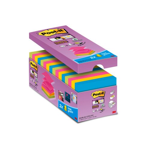 Pack 14 Z-notes reposicionables colores Super Sticky Post-it 76 x 76 mm - Bloc de 90 hojas + 2 GRATIS