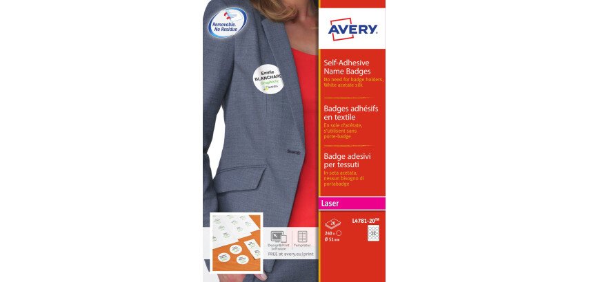 Badge adhésif textile laser Avery Ø 51 mm blanc - Boîte de 240