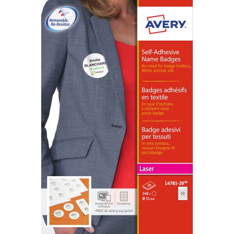 Badge adhésif textile laser Avery Ø 51 mm blanc - Boîte de 240