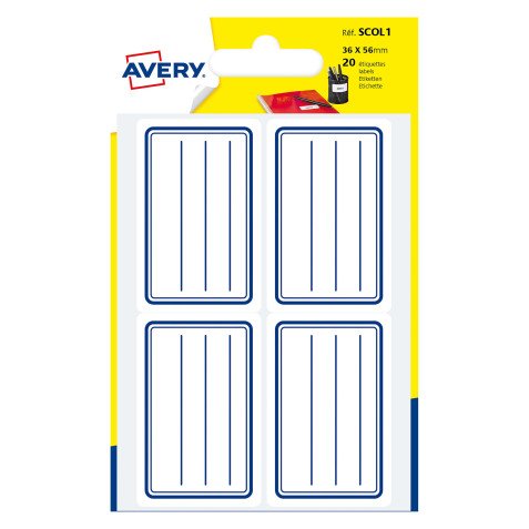 Self-adhesive school labels 36 x 56 mm Scol1 Avery - white with blue lines - bag of 20