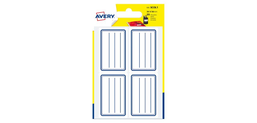 Zelfklevende schooletiketten 36 x 56 mm Scol1 Avery - wit met blauwe lijnen - zak van 20