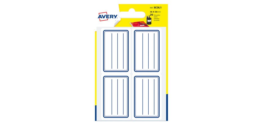 Etiquette adhésive scolaire 36 x 56 mm Scol1 Avery - Blanc lignes bleues - Pochette de 20