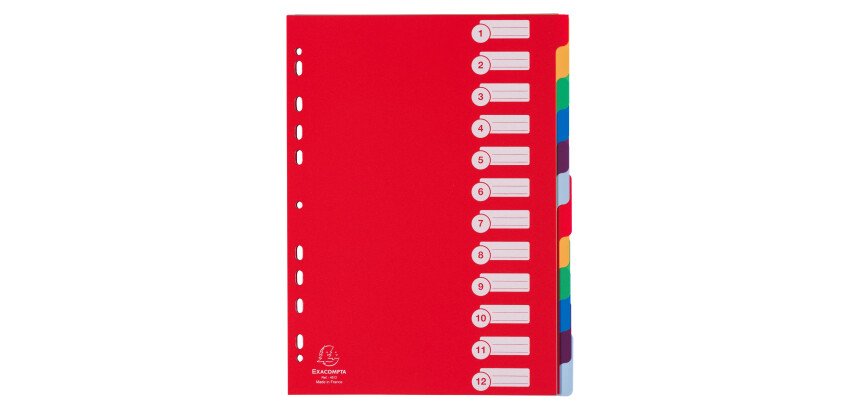 Intercalaires neutres A4 Exacompta polypropylène 30/100e 12 onglets  multicolores - 1 jeu