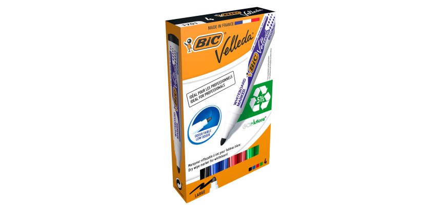 Marqueur effaçable Bic Velleda 1701 pointe ogive 4,95 mm - Etui de 4 assortis