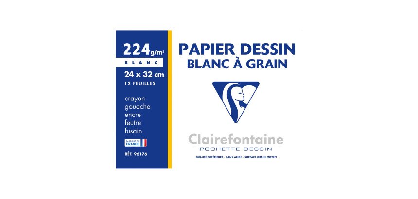 Pochette 12 feuilles papier dessin blanc A4+ Clairefontaine à grain 224 g