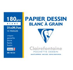 Pochette 12 feuilles papier dessin blanc A4 Clairefontaine à grain 180 g