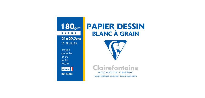 Pochette 12 feuilles papier dessin blanc A4 Clairefontaine à grain 180 g
