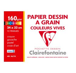 Hoesje 12 vellen tekenpapier levendige kleuren A4+ Clairefontaine gekorreld 160 g