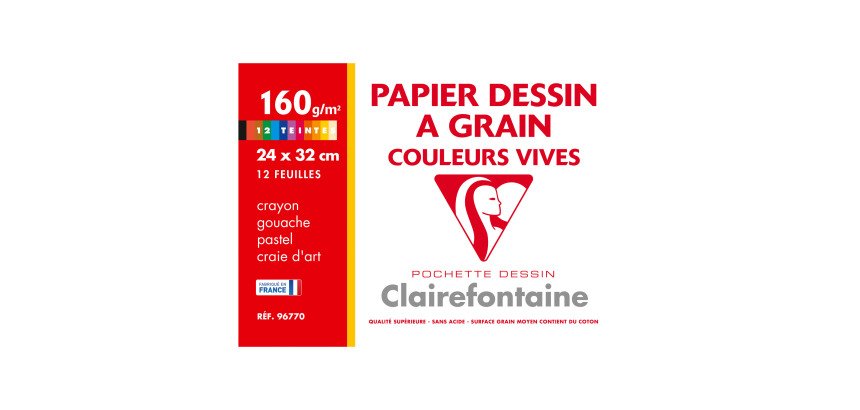 Pochette 12 feuilles papier dessin Etival Color couleurs vives A4+ Clairefontaine à grain 160 g