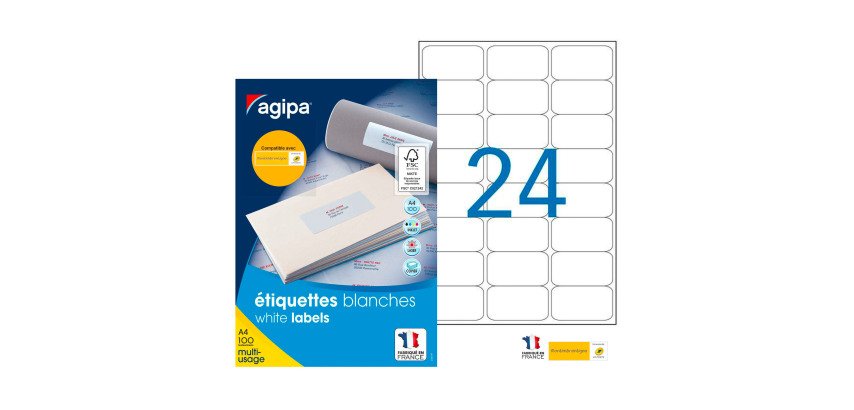 Etiquette adresse jet d'encre et laser 63,5 x 33,9 mm Agipa 101309 blanche - Boîte de 2400