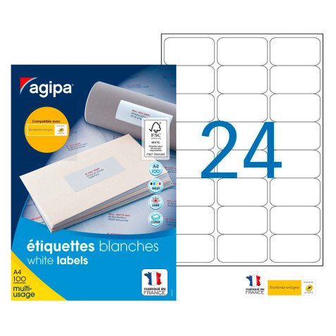 Etiquette adresse jet d'encre et laser 63,5 x 33,9 mm Agipa 101309 blanche - Boîte de 2400