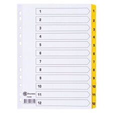 Dividers A4+ white bristol cardboard Bruneau 12 numerical tabs in yellow - 1 set 