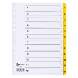 Dividers A4+ white bristol cardboard Bruneau 12 numerical tabs in yellow - 1 set 