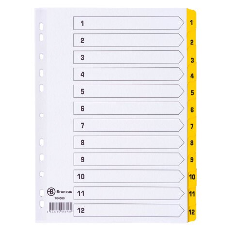 Dividers A4+ white bristol cardboard Bruneau 12 numerical tabs in yellow - 1 set 