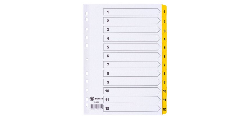 Intercalaire A4+ carte bristol blanche Bruneau 12 onglets numériques jaune - 1 jeu