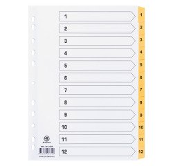 Dividers A4+ white bristol cardboard Bruneau 12 numerical tabs in yellow - 1 set 
