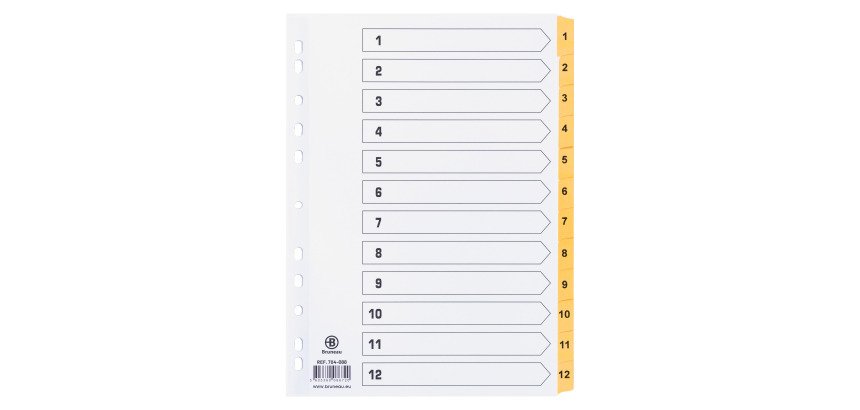 Dividers A4+ white bristol cardboard Bruneau 12 numerical tabs in yellow - 1 set 