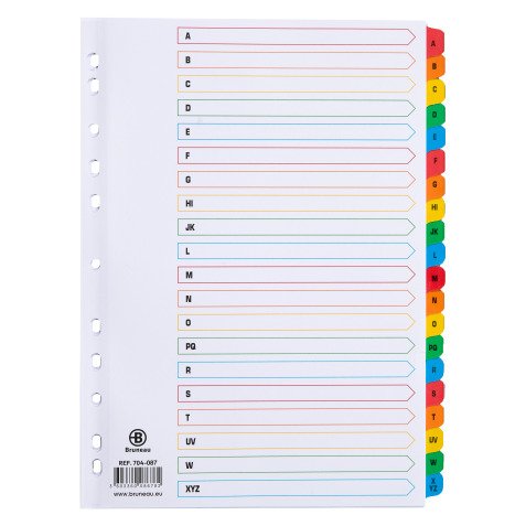 Intercalaire A4 carte bristol blanche Bruneau 20 onglets alphabétiques multicolores - 1 jeu